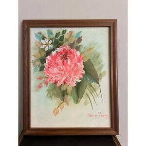 Vintage Signed Floral Acrylic Painting “Pink Mum” by Doris Farmer (1984)